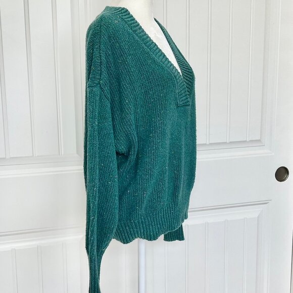 Abound Nordstrom Chunky Knit Color Fleck Emerald Green V-Neck Ribbed Hem Sweater - Picture 5 of 10